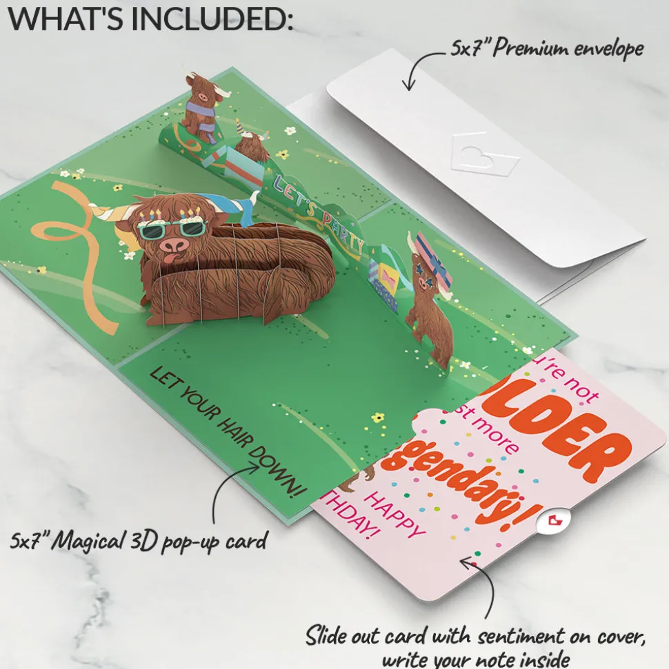 Lovepop Birthday|Highland Cow Birthday Pop-Up Card and Not Older Just More Legendary Sentiment Set