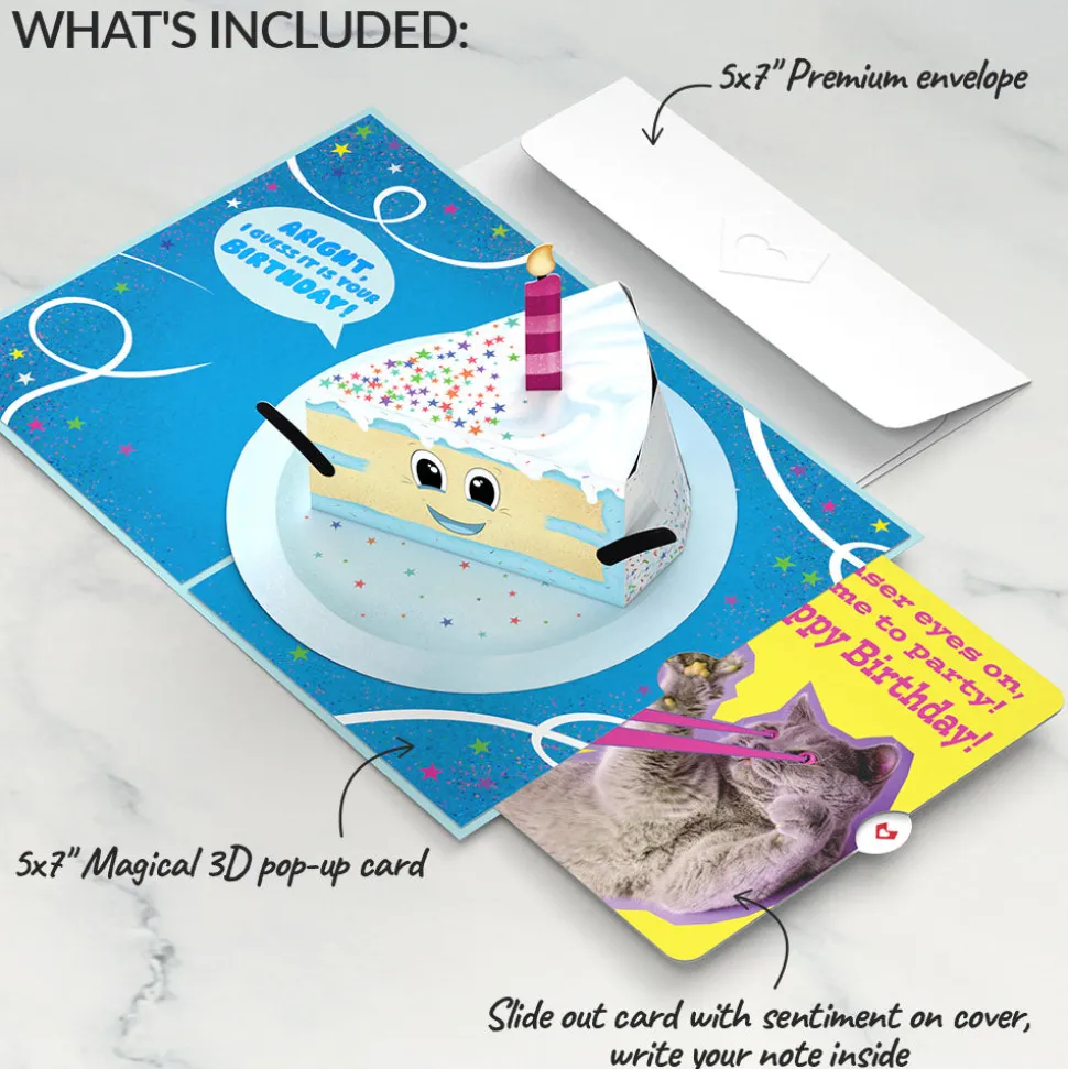 Lovepop Birthday|Whimsical Birthday Cake Slice with Cat Laser Eyes Pop-Up Card and Sentiment Set